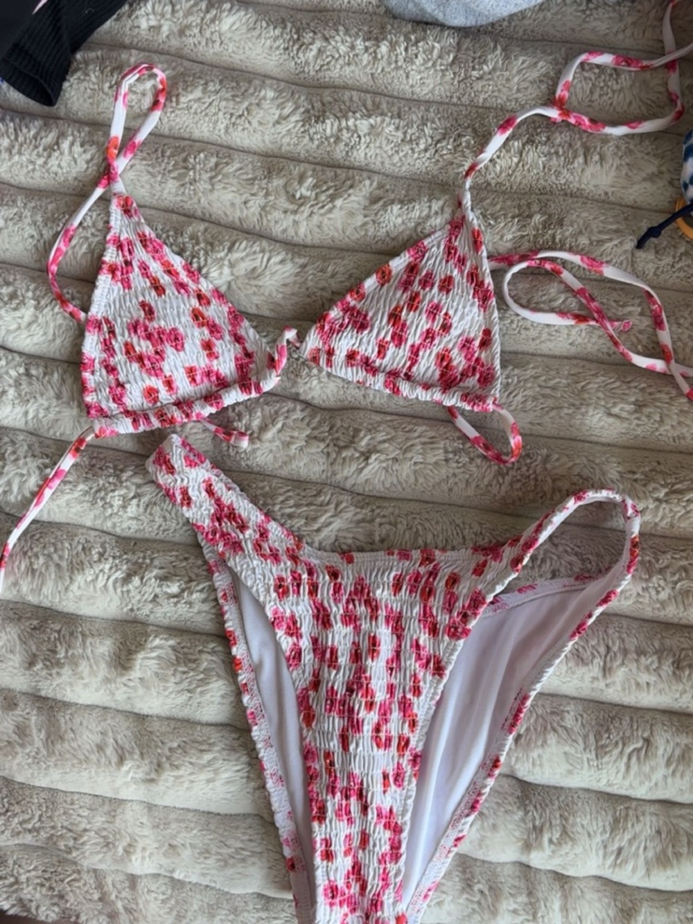 SHEIN White Pink Floral Smocked Triangle Bikini Set